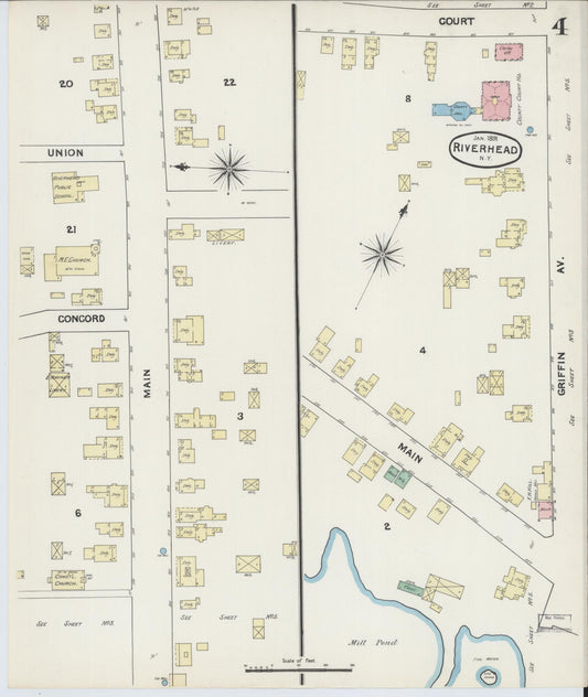 Sanborn Fire Insurance Map from Riverhead, Suffolk County, New York (1891), Sheet #0004 - Historic Sanborn Fire Insurance Map Print, vintage old map wall art, antique decor, genealogy gift, New York New York map