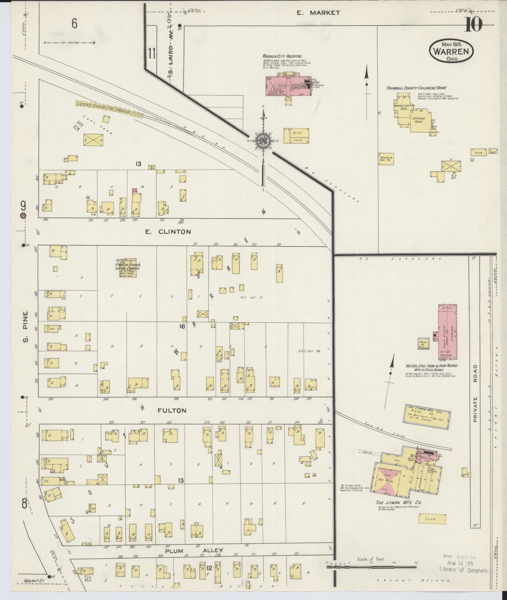 Sanborn Fire Insurance Map from Warren, Trumbull County, Ohio (1915), Sheet #0010 - Historic Sanborn Fire Insurance Map Print, vintage old map wall art, antique decor, genealogy gift, Ohio Ohio map