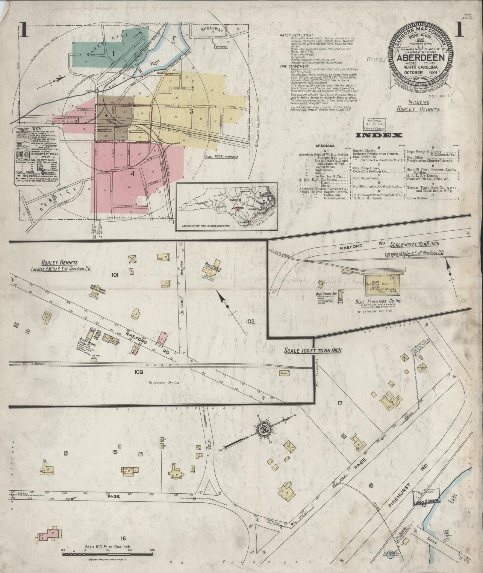 Sanborn Fire Insurance Map from Aberdeen, Moore County, North Carolina (1924), Sheet #0001 - Complete Map Set gallery image, historic Sanborn map, vintage wall art, North Carolina North Carolina