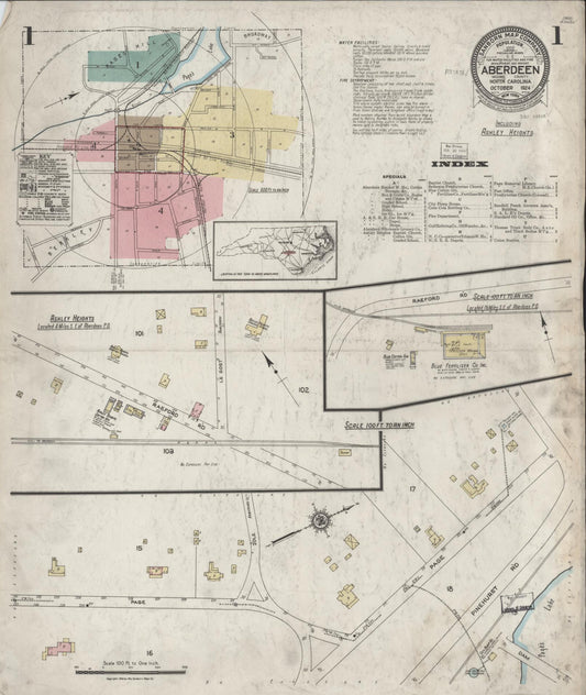 Sanborn Fire Insurance Map from Aberdeen, Moore County, North Carolina (1924), Sheet #0001 - Complete Map Set gallery image, historic Sanborn map, vintage wall art, North Carolina North Carolina