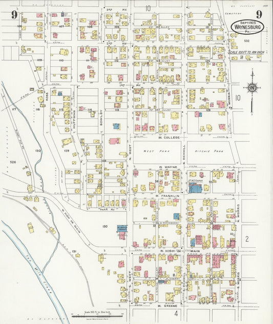 Sanborn Fire Insurance Map from Waynesburg, Greene County, Pennsylvania (1925), Sheet #0009 - Historic Sanborn Fire Insurance Map Print, vintage old map wall art, antique decor, genealogy gift, Pennsylvania Pennsylvania map