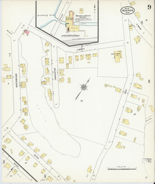 Sanborn Fire Insurance Map from Warren, Worcester County, Massachusetts (1911), Sheet #0009 - Historic Sanborn Fire Insurance Map Print, vintage old map wall art, antique decor, genealogy gift, Massachusetts Massachusetts map
