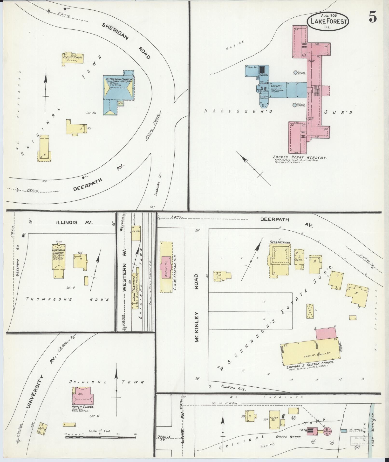 Sanborn Fire Insurance Map from Lake Forest, Lake County, Illinois (1909), Sheet #0005 - Complete Map Set gallery image, historic Sanborn map, vintage wall art, Illinois Illinois