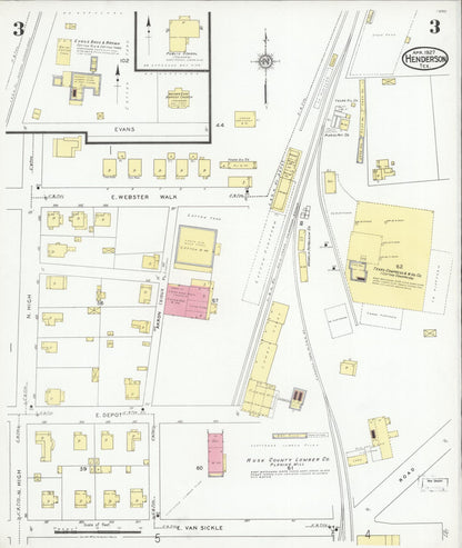 Sanborn Fire Insurance Map from Henderson, Rusk County, Texas (1927), Sheet #0003 - Historic Sanborn Fire Insurance Map Print, vintage old map wall art, antique decor, genealogy gift, Texas Texas map