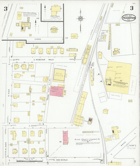 Sanborn Fire Insurance Map from Henderson, Rusk County, Texas (1927), Sheet #0003 - Historic Sanborn Fire Insurance Map Print, vintage old map wall art, antique decor, genealogy gift, Texas Texas map