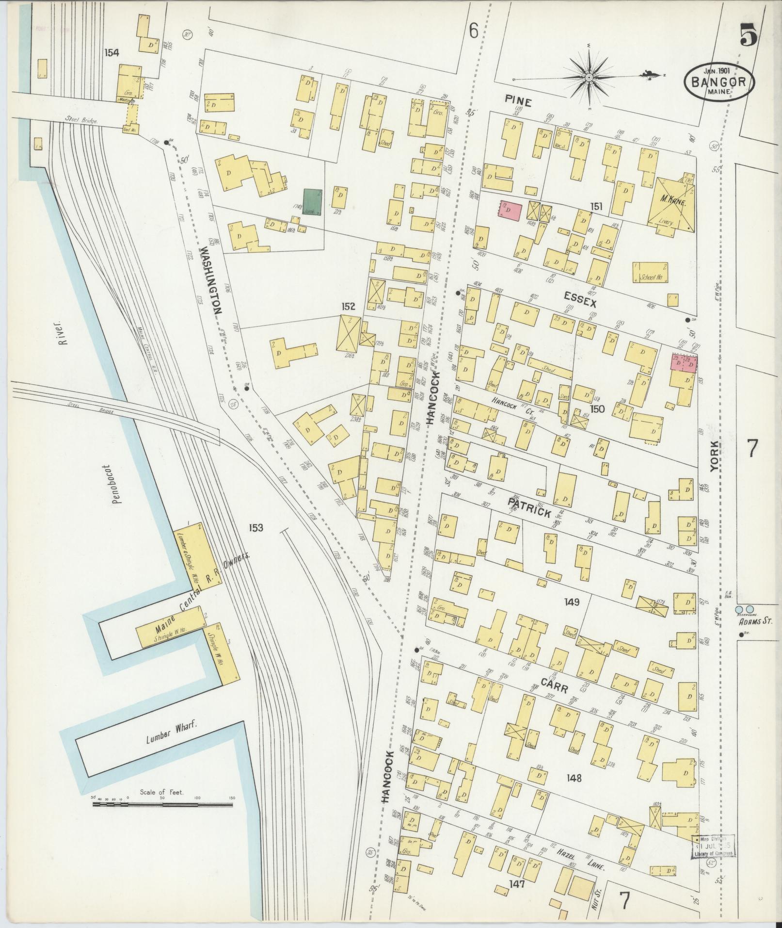 Sanborn Fire Insurance Map from Bangor, Penobscot County, Maine (1901), Sheet #0005 - Complete Map Set gallery image, historic Sanborn map, vintage wall art, Maine Maine