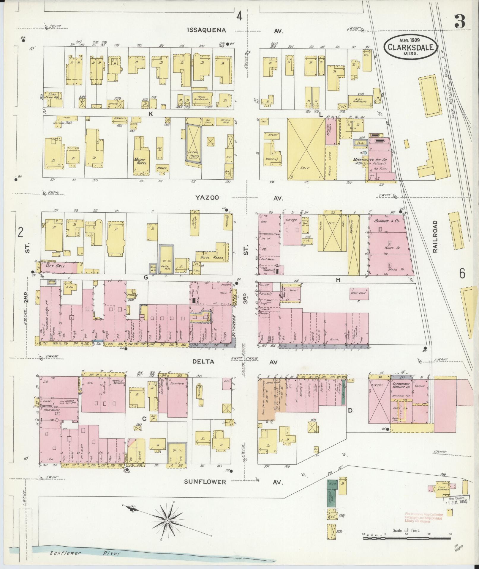 Sanborn Fire Insurance Map from Clarksdale, Coahoma County, Mississippi (1909), Sheet #0003 - Complete Map Set gallery image, historic Sanborn map, vintage wall art, Mississippi Mississippi