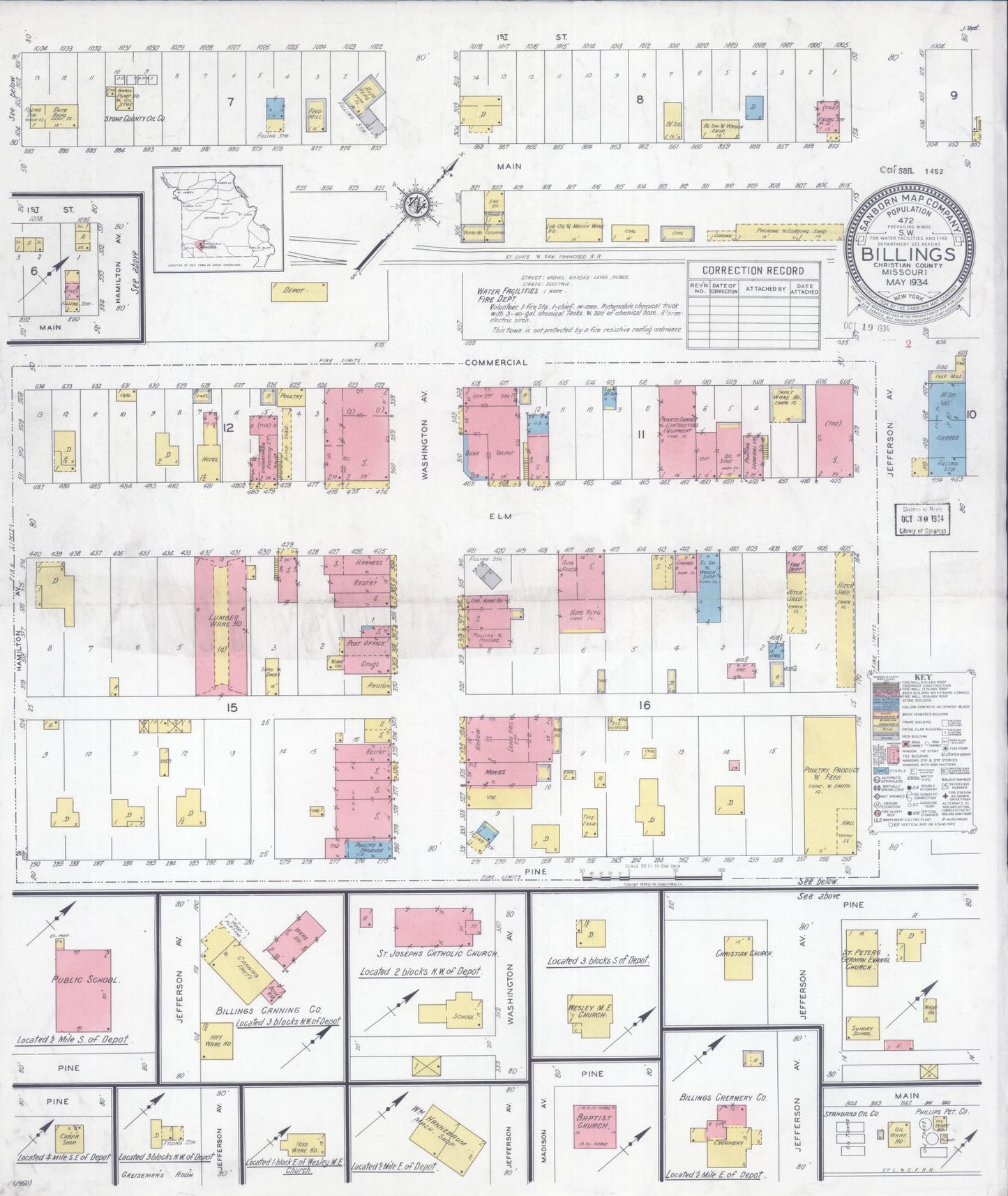 Sanborn Fire Insurance Map from Billings, Christian County, Missouri (1934), Sheet #0001 - Historic Sanborn Fire Insurance Map Print, vintage old map wall art, antique decor, genealogy gift, Missouri Missouri map