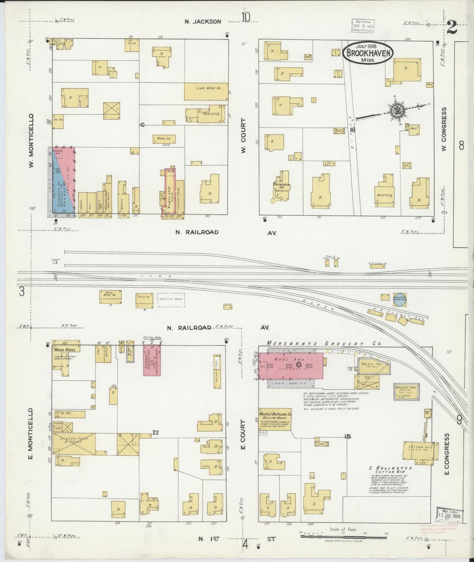 Sanborn Fire Insurance Map from Brookhaven, Lincoln County, Mississippi (1918), Sheet #0002 - Complete Map Set gallery image, historic Sanborn map, vintage wall art, Mississippi Mississippi