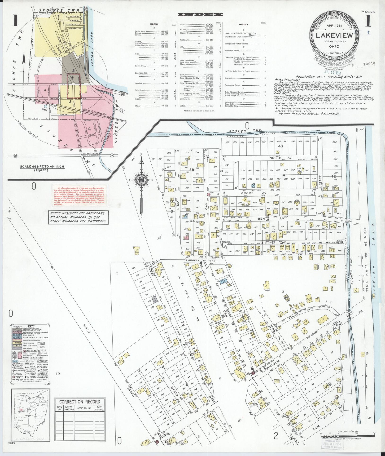 Sanborn Fire Insurance Map from Lakeview, Logan County, Ohio (1951), Sheet #0001 - Historic Sanborn Fire Insurance Map Print, vintage old map wall art, antique decor, genealogy gift, Ohio Ohio map