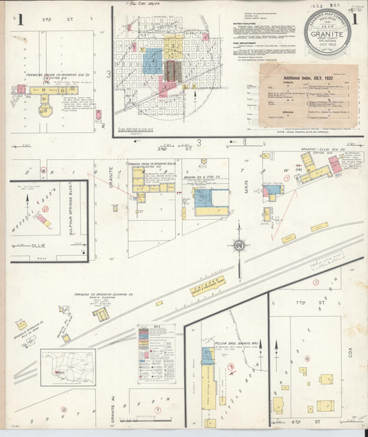 Sanborn Fire Insurance Map from Granite, Greer County, Oklahoma (1932), Sheet #0001 - Historic Sanborn Fire Insurance Map Print, vintage old map wall art, antique decor, genealogy gift, Oklahoma Oklahoma map