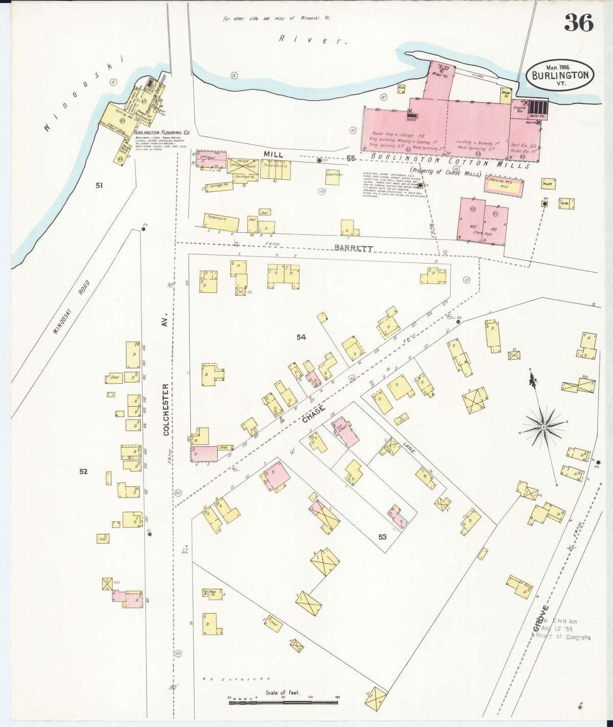Sanborn Fire Insurance Map from Burlington, Chittenden County, Vermont (1906), Sheet #0036 - Historic Sanborn Fire Insurance Map Print, vintage old map wall art, antique decor, genealogy gift, Vermont Vermont map