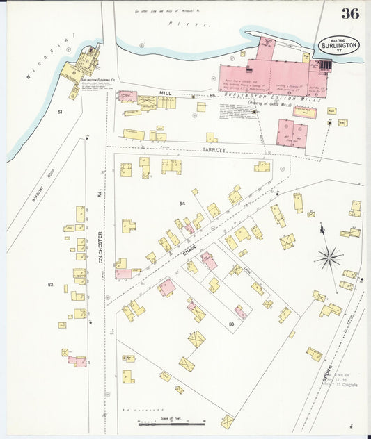 Sanborn Fire Insurance Map from Burlington, Chittenden County, Vermont (1906), Sheet #0036 - Historic Sanborn Fire Insurance Map Print, vintage old map wall art, antique decor, genealogy gift, Vermont Vermont map