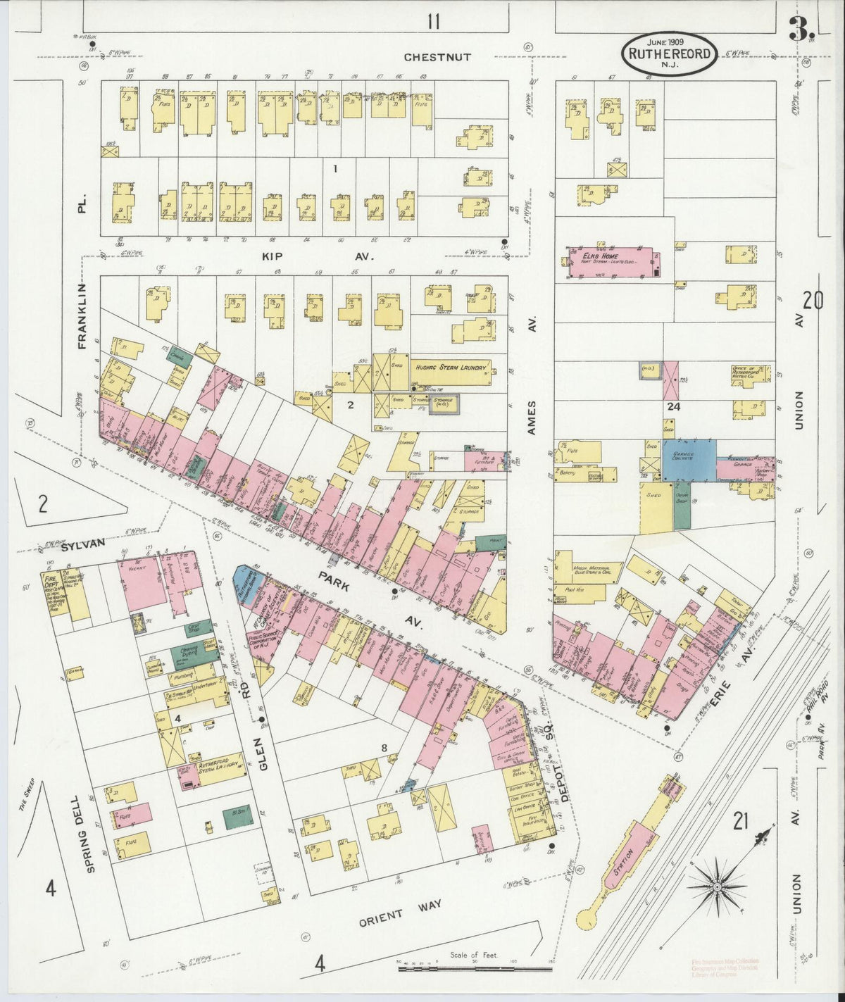Sanborn Fire Insurance Map from Rutherford, Bergen County, New Jersey (1909), Sheet #0003 - Historic Sanborn Fire Insurance Map Print, vintage old map wall art, antique decor, genealogy gift, New Jersey New Jersey map
