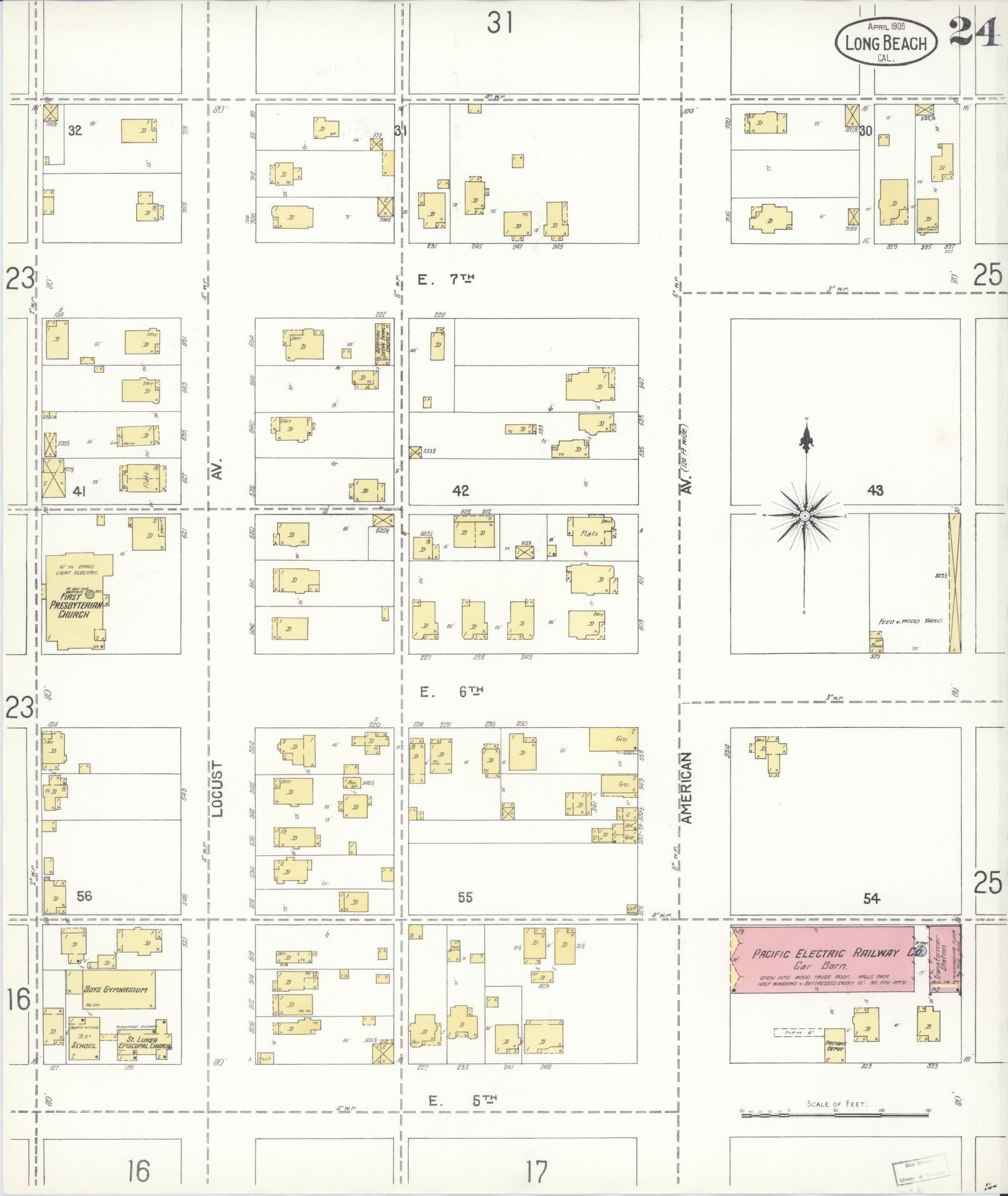 Sanborn Fire Insurance Map from Long Beach, Los Angeles County, California (1905), Sheet #0024 - Historic Sanborn Fire Insurance Map Print, vintage old map wall art, antique decor, genealogy gift, California California map