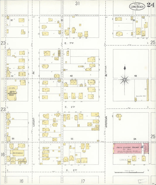 Sanborn Fire Insurance Map from Long Beach, Los Angeles County, California (1905), Sheet #0024 - Historic Sanborn Fire Insurance Map Print, vintage old map wall art, antique decor, genealogy gift, California California map