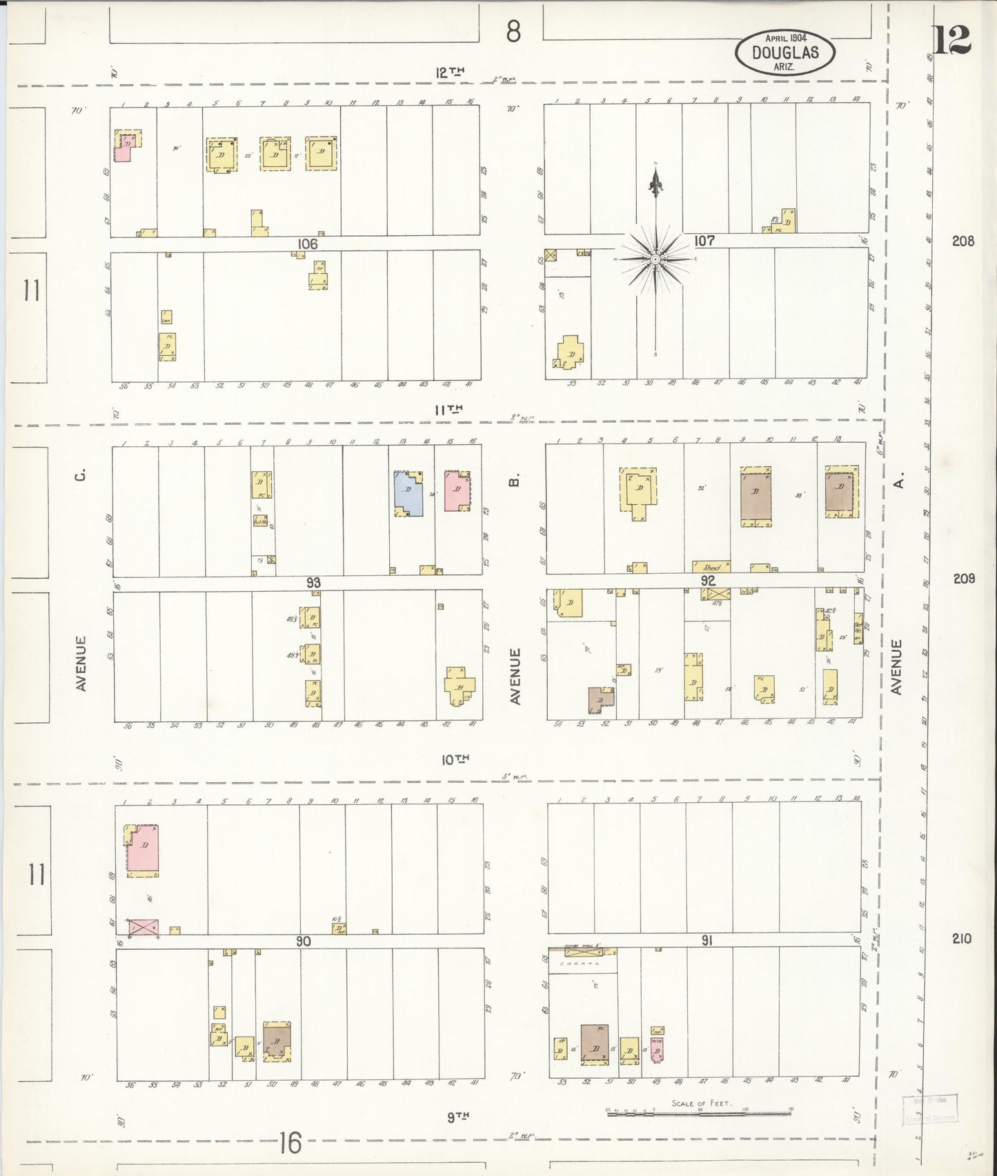 Sanborn Fire Insurance Map from Douglas, Cochise County, Arizona (1904), Sheet #0012 - Historic Sanborn Fire Insurance Map Print, vintage old map wall art, antique decor, genealogy gift, Arizona Arizona map