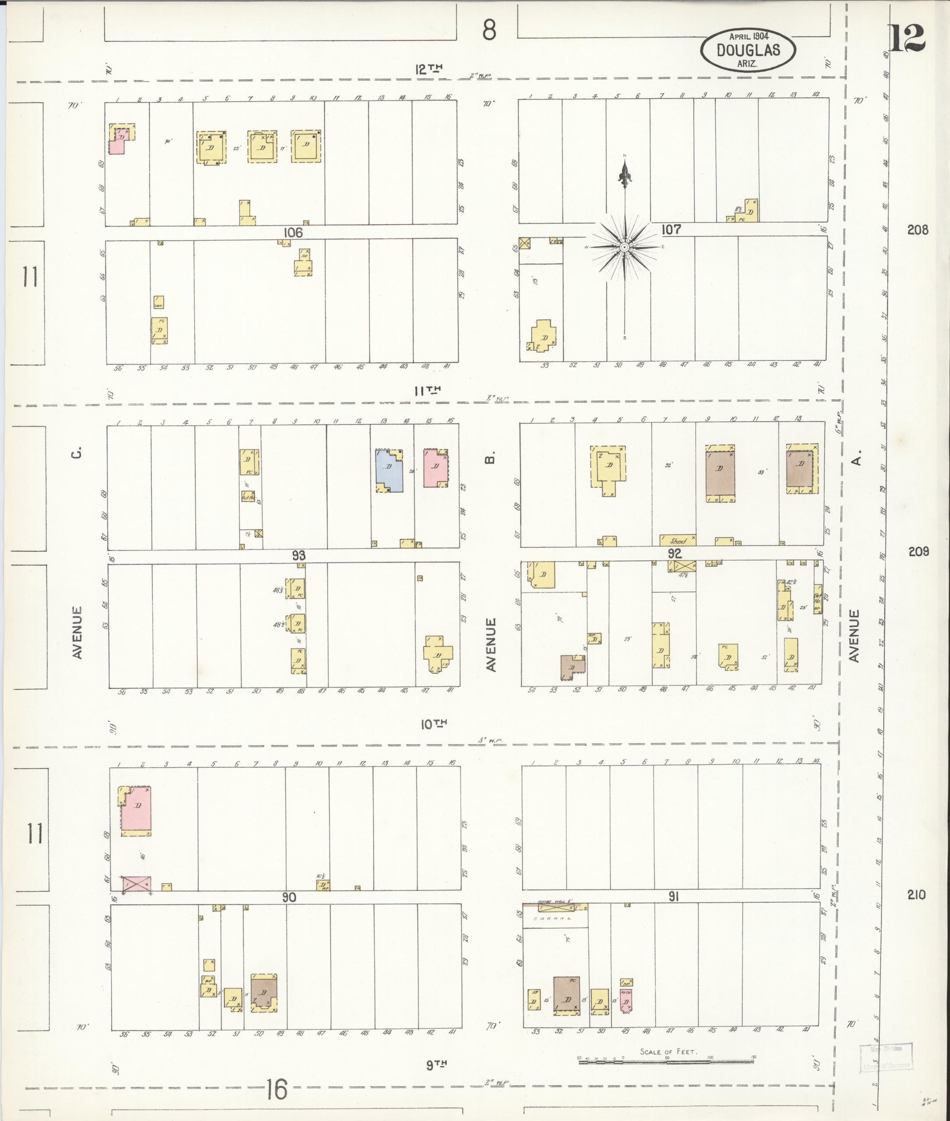 Sanborn Fire Insurance Map from Douglas, Cochise County, Arizona (1904), Sheet #0012 - Historic Sanborn Fire Insurance Map Print, vintage old map wall art, antique decor, genealogy gift, Arizona Arizona map
