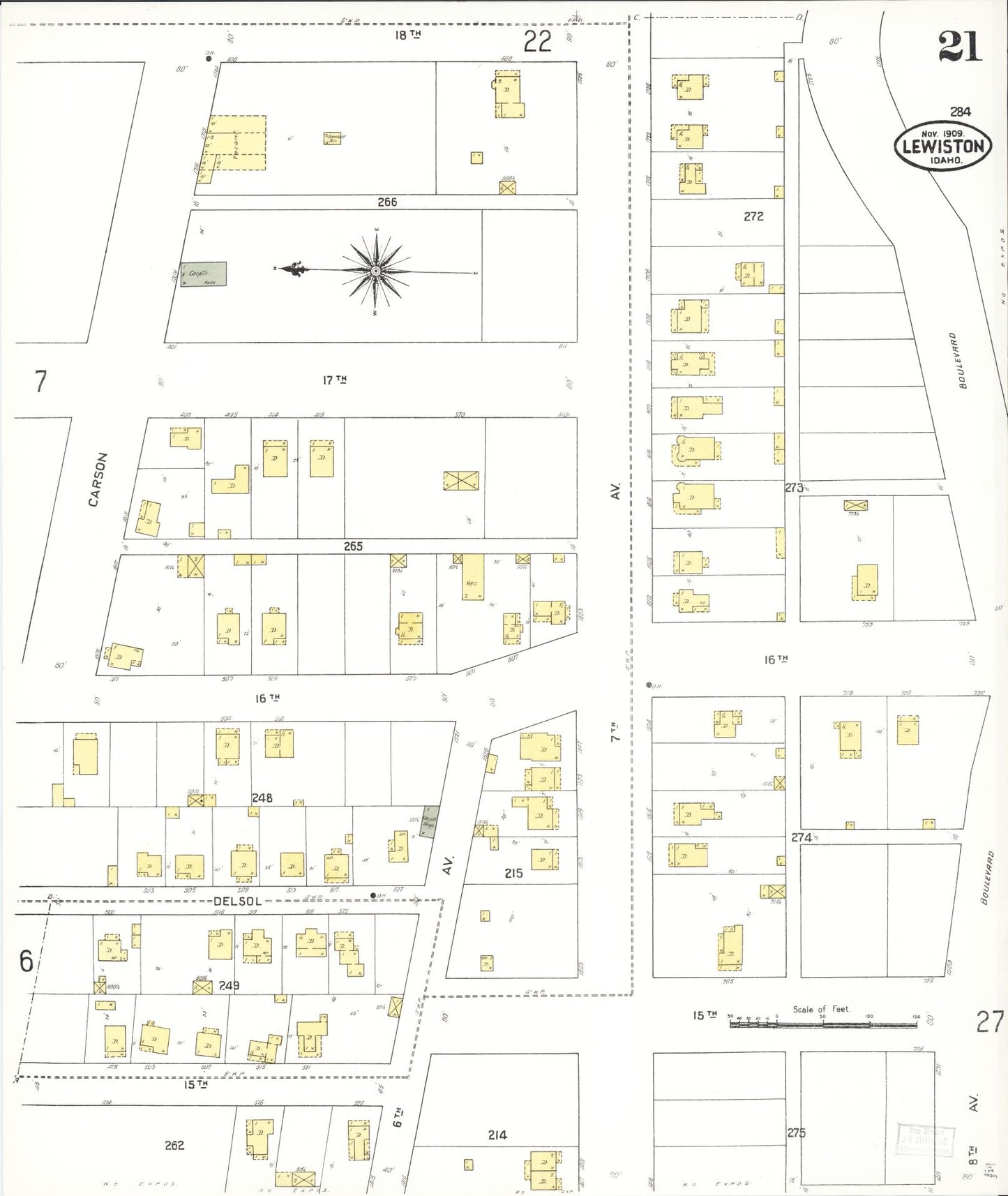 Sanborn Fire Insurance Map from Lewiston, Nez Perce County, Idaho (1909), Sheet #0021 - Complete Map Set gallery image, historic Sanborn map, vintage wall art, Idaho Idaho