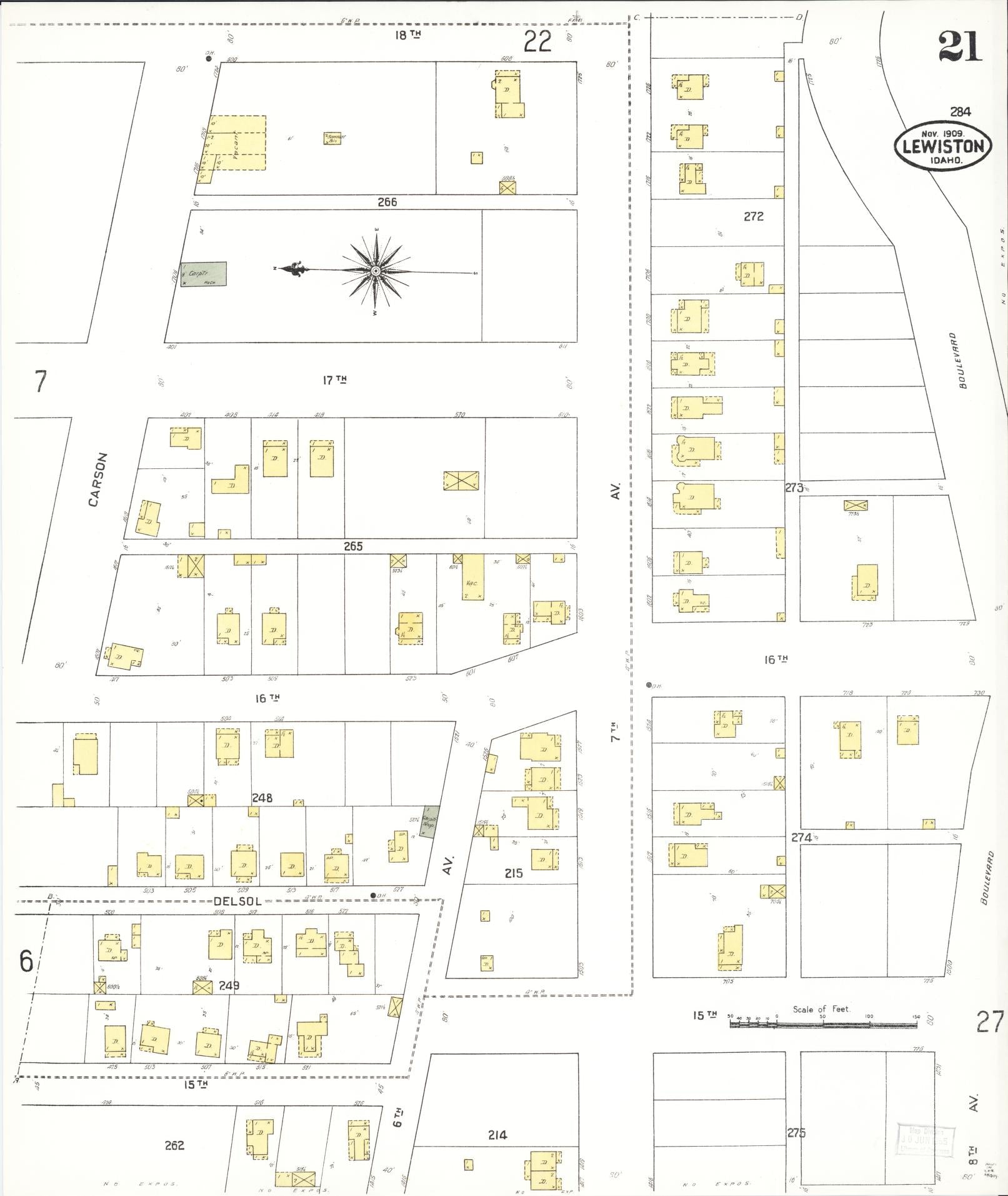 Sanborn Fire Insurance Map from Lewiston, Nez Perce County, Idaho (1909), Sheet #0021 - Complete Map Set gallery image, historic Sanborn map, vintage wall art, Idaho Idaho