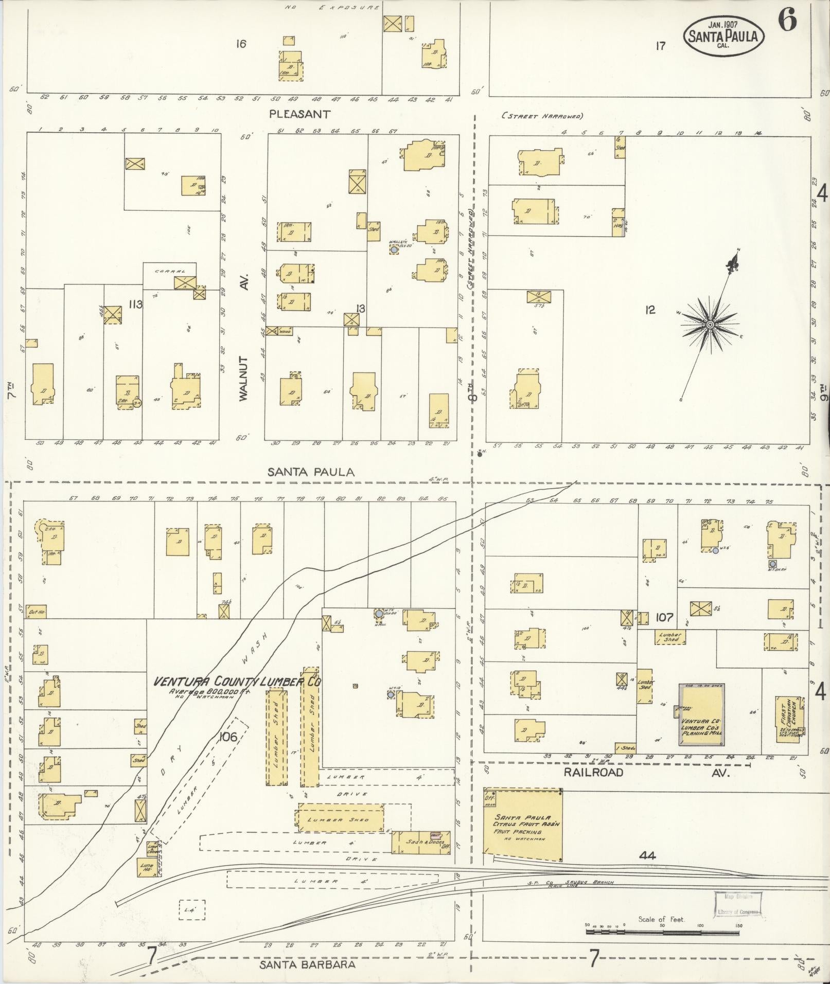 Sanborn Fire Insurance Map from Santa Paula, Ventura County, California (1907), Sheet #0006 - Complete Map Set gallery image, historic Sanborn map, vintage wall art, California California