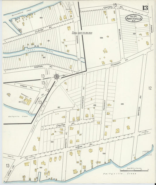 Sanborn Fire Insurance Map from Amityville, Suffolk County, New York (1915), Sheet #0013 - Historic Sanborn Fire Insurance Map Print, vintage old map wall art, antique decor, genealogy gift, New York New York map
