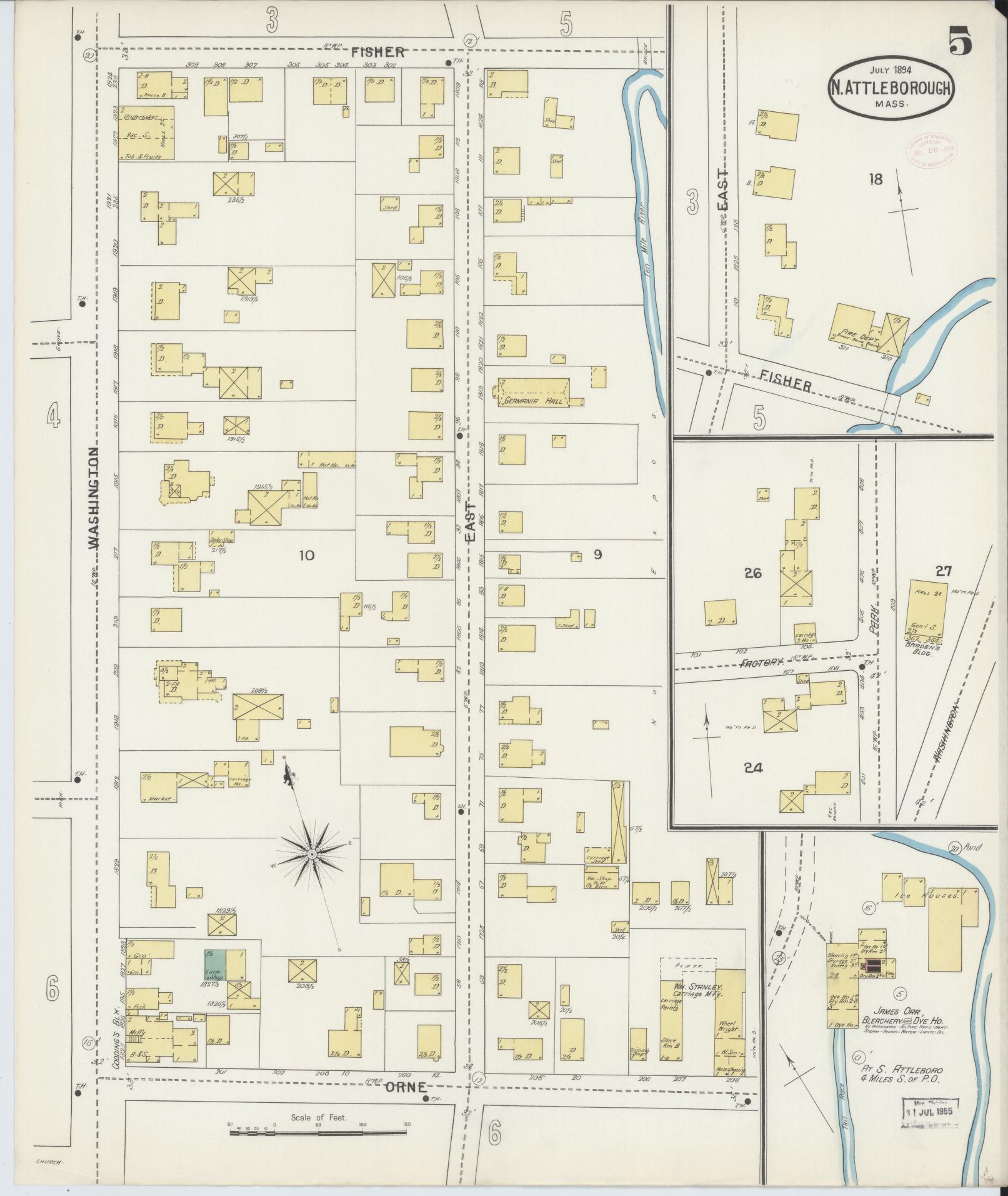 Sanborn Fire Insurance Map from North Attleborough, Bristol County, Massachusetts (1894), Sheet #0005 - Historic Sanborn Fire Insurance Map Print, vintage old map wall art, antique decor, genealogy gift, Massachusetts Massachusetts map