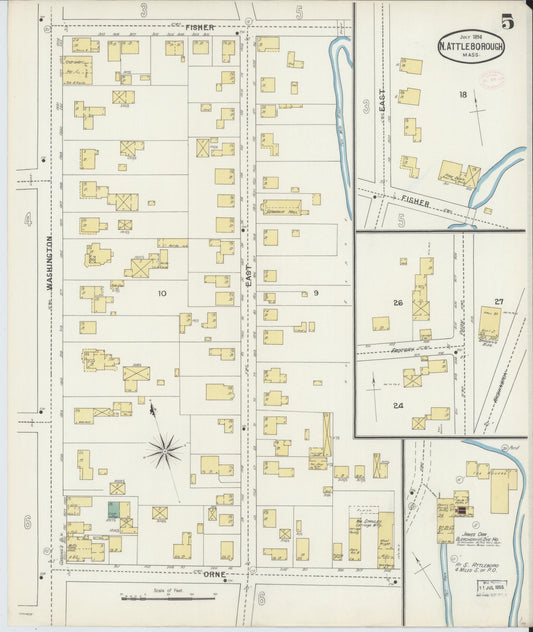 Sanborn Fire Insurance Map from North Attleborough, Bristol County, Massachusetts (1894), Sheet #0005 - Historic Sanborn Fire Insurance Map Print, vintage old map wall art, antique decor, genealogy gift, Massachusetts Massachusetts map