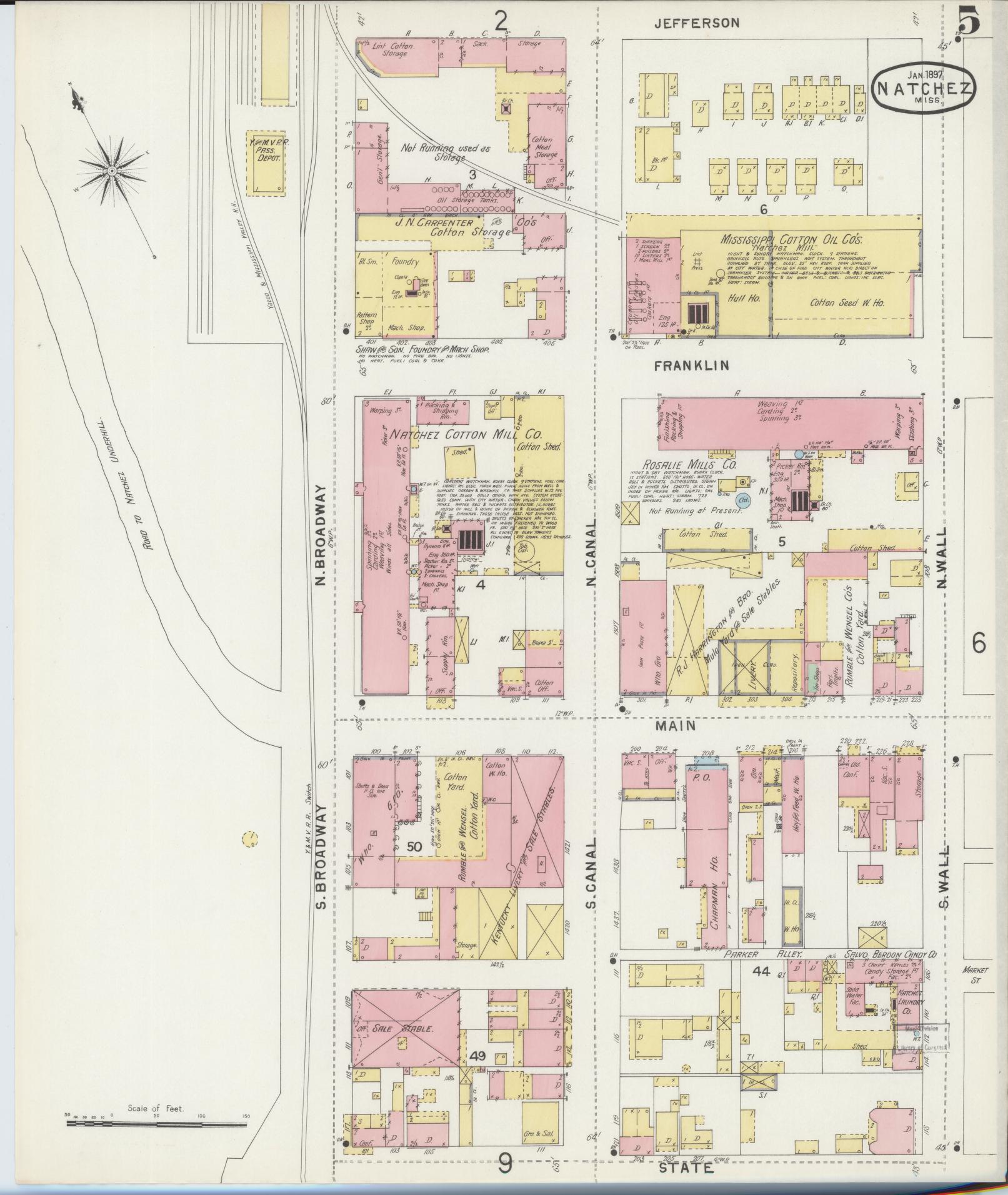 Sanborn Fire Insurance Map from Natchez, Adams County, Mississippi (1897), Sheet #0005 - Historic Sanborn Fire Insurance Map Print, vintage old map wall art, antique decor, genealogy gift, Mississippi Mississippi map