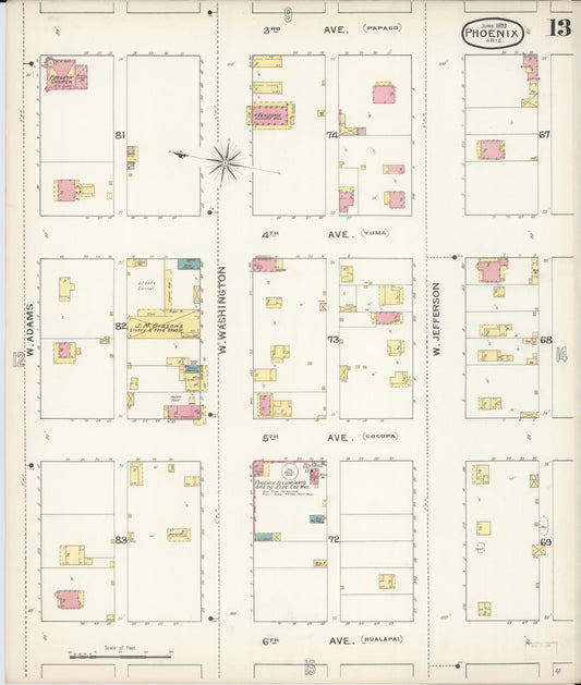 Sanborn Fire Insurance Map from Phoenix, Maricopa County, Arizona (1893), Sheet #0013 - Historic Sanborn Fire Insurance Map Print, vintage old map wall art, antique decor, genealogy gift, Arizona Arizona map