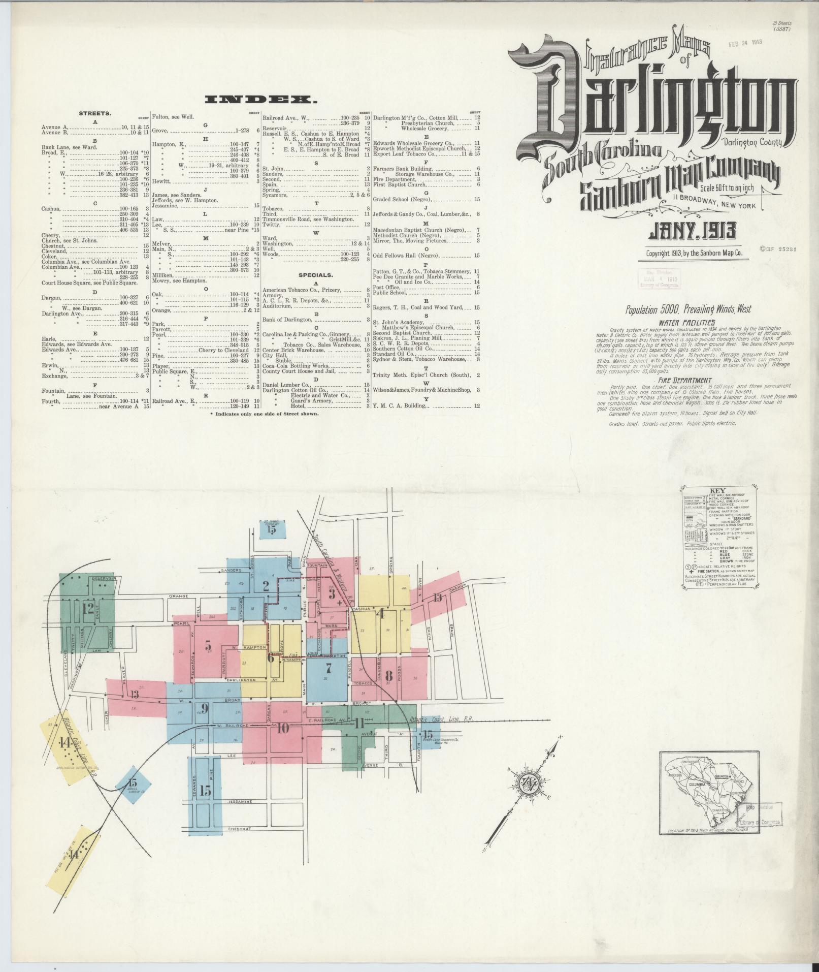 Sanborn Fire Insurance Map from Darlington, Darlington County, South Carolina (1913), Sheet #0001 - Complete Map Set gallery image, historic Sanborn map, vintage wall art, South Carolina South Carolina