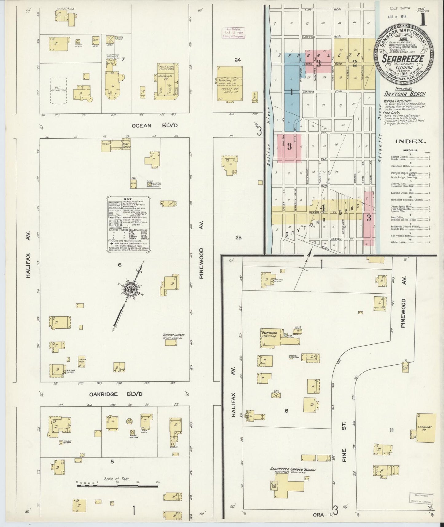 Sanborn Fire Insurance Map from Seabreeze, Volusia County, Florida (1912), Sheet #0001 - Complete Map Set gallery image, historic Sanborn map, vintage wall art, Florida Florida