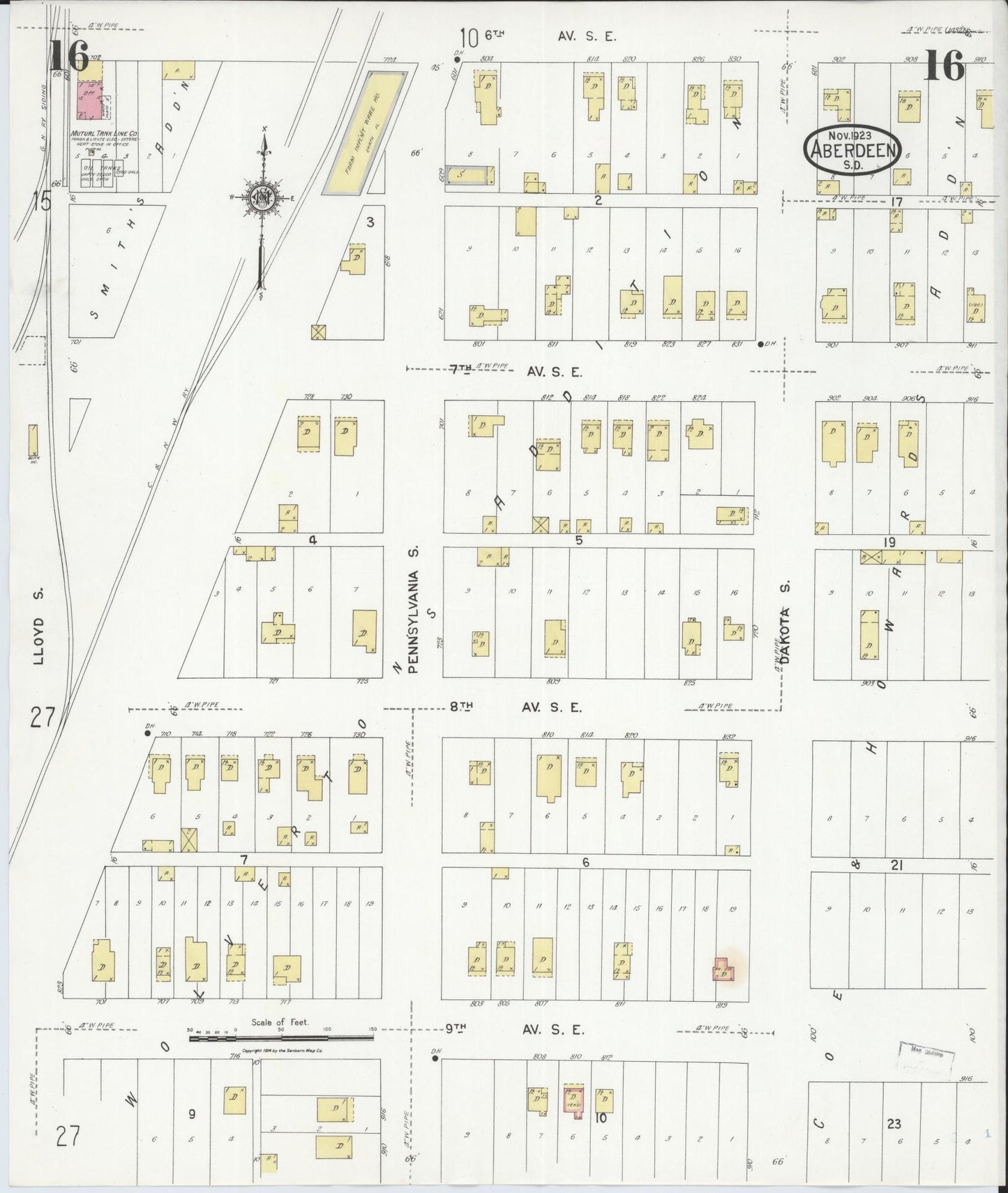 Sanborn Fire Insurance Map from Aberdeen, Brown County, South Dakota (1923), Sheet #0016 - Historic Sanborn Fire Insurance Map Print, vintage old map wall art, antique decor, genealogy gift, South Dakota South Dakota map