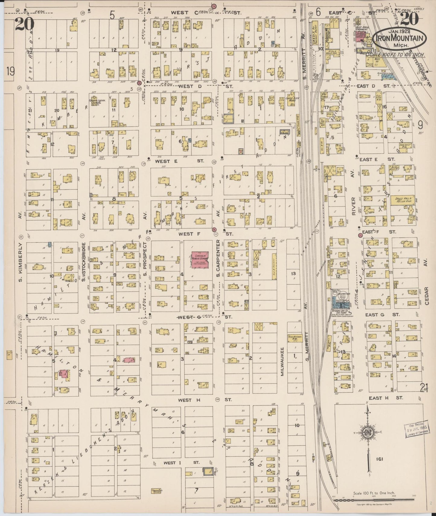 Sanborn Fire Insurance Map from Iron Mountain, Dickinson County, Michigan (1923), Sheet #0020 - Historic Sanborn Fire Insurance Map Print, vintage old map wall art, antique decor, genealogy gift, Michigan Michigan map