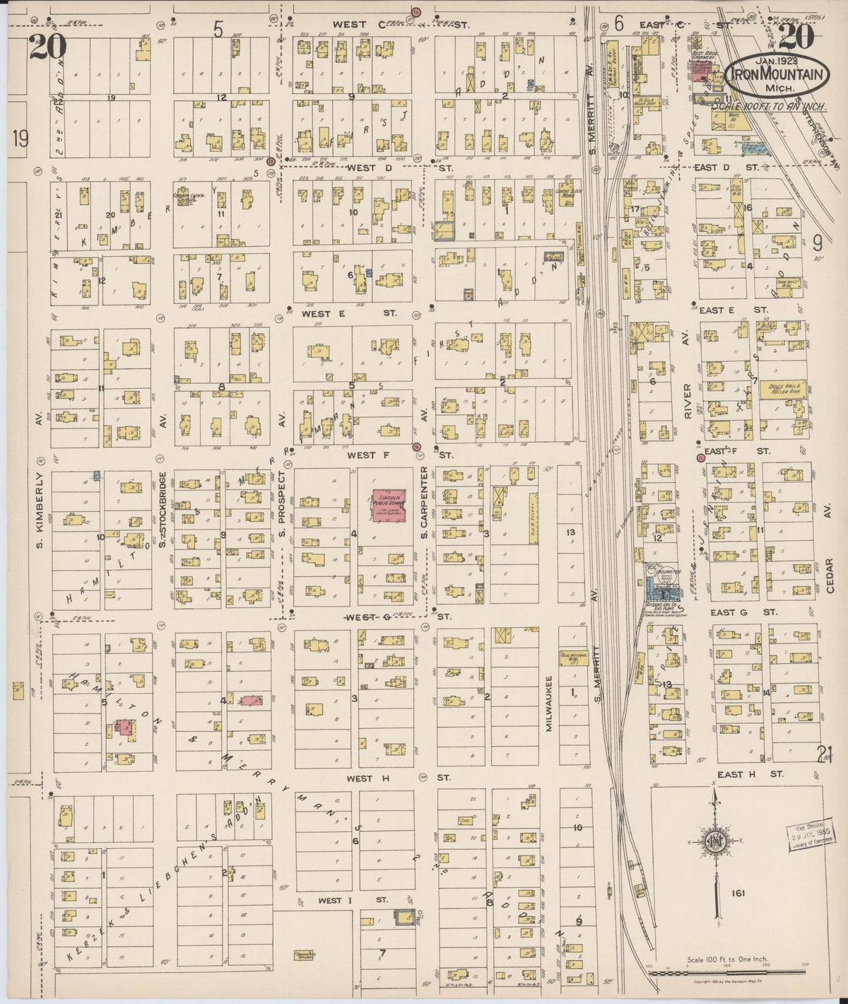 Sanborn Fire Insurance Map from Iron Mountain, Dickinson County, Michigan (1923), Sheet #0020 - Historic Sanborn Fire Insurance Map Print, vintage old map wall art, antique decor, genealogy gift, Michigan Michigan map