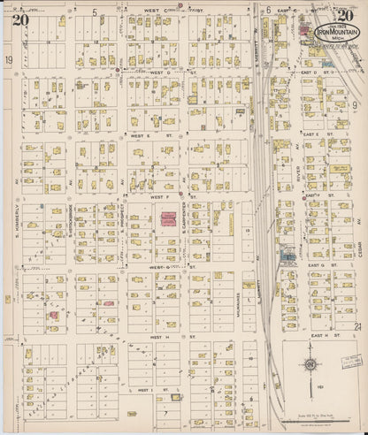 Sanborn Fire Insurance Map from Iron Mountain, Dickinson County, Michigan (1923), Sheet #0020 - Historic Sanborn Fire Insurance Map Print, vintage old map wall art, antique decor, genealogy gift, Michigan Michigan map