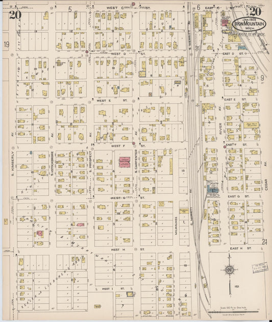 Sanborn Fire Insurance Map from Iron Mountain, Dickinson County, Michigan (1923), Sheet #0020 - Historic Sanborn Fire Insurance Map Print, vintage old map wall art, antique decor, genealogy gift, Michigan Michigan map
