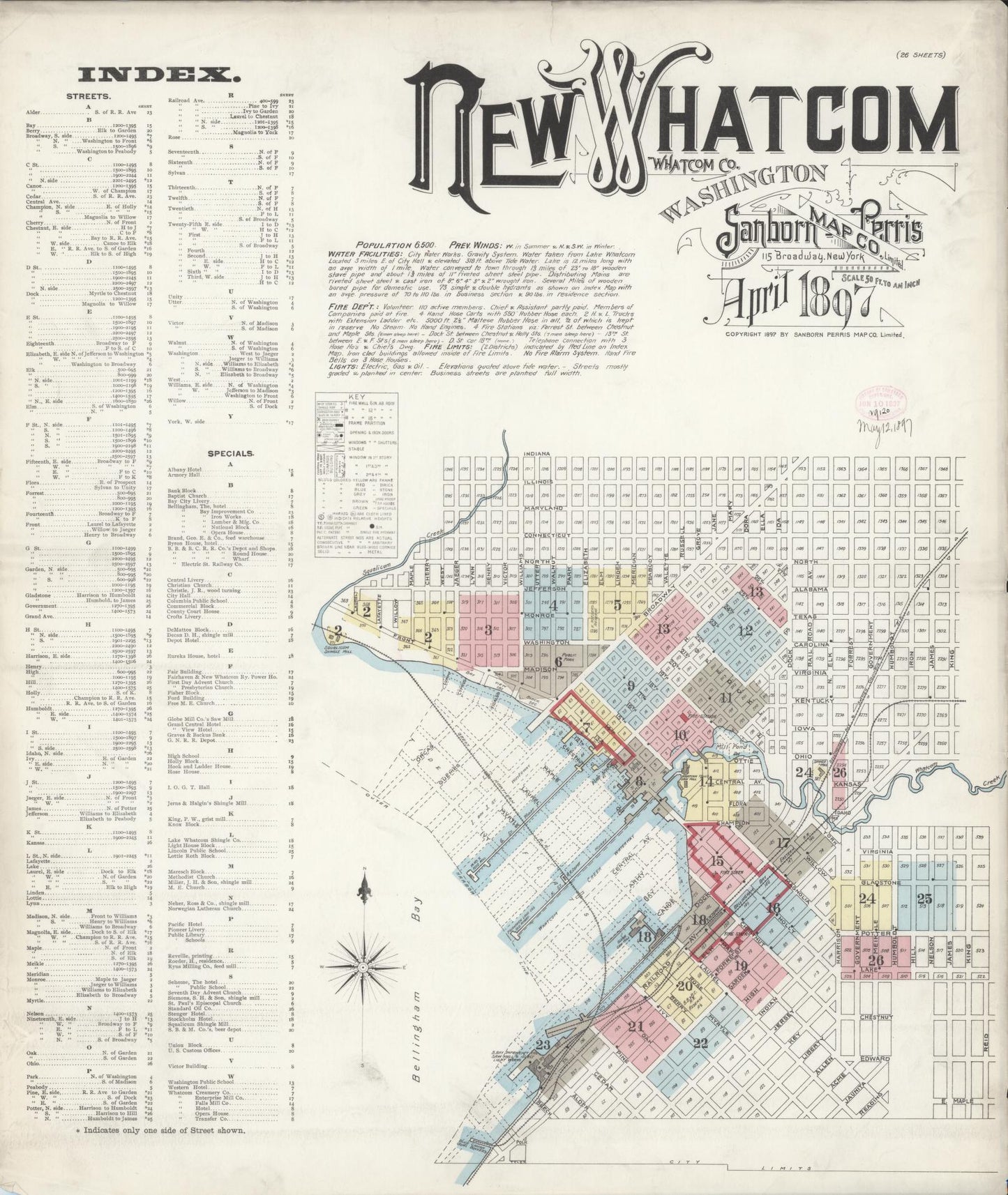 Sanborn Fire Insurance Map from New Whatcom, Whatcom County, Washington (1897), Sheet #0001 - Complete Map Set gallery image, historic Sanborn map, vintage wall art, Washington Washington