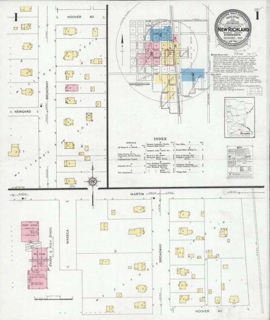 Sanborn Fire Insurance Map from New Richland, Waseca County, Minnesota (1930), Sheet #0001 - Historic Sanborn Fire Insurance Map Print, vintage old map wall art, antique decor, genealogy gift, Minnesota Minnesota map