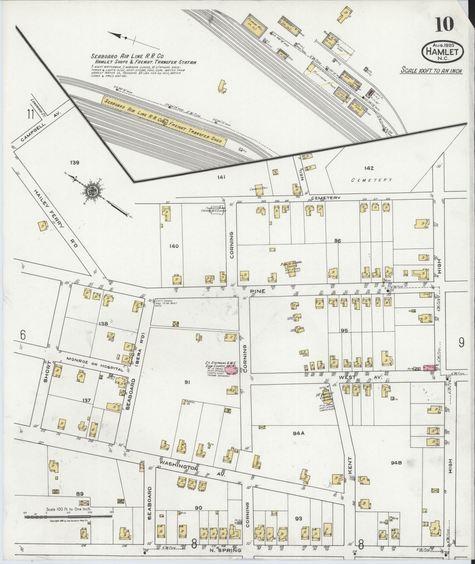 Sanborn Fire Insurance Map from Hamlet, Richmond County, North Carolina (1920), Sheet #0010 - Complete Map Set gallery image, historic Sanborn map, vintage wall art, North Carolina North Carolina