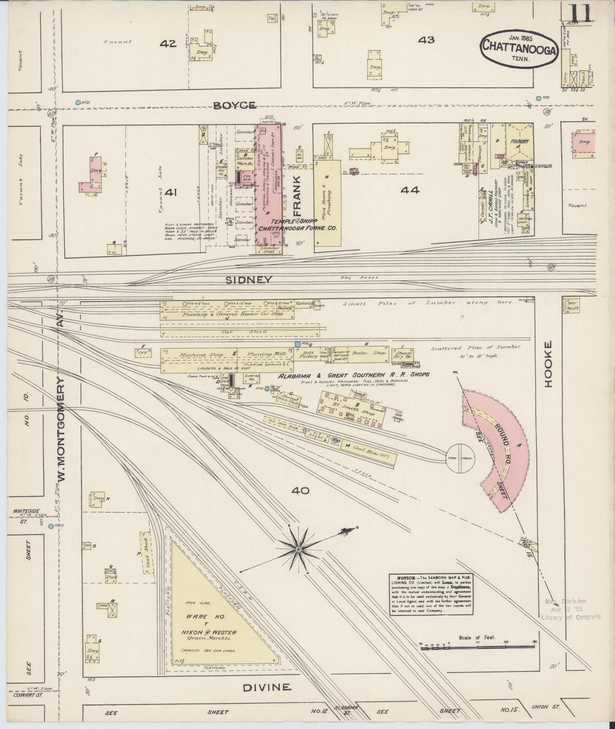 Sanborn Fire Insurance Map from Chattanooga, Hamilton County, Tennessee (1885), Sheet #0011 - Historic Sanborn Fire Insurance Map Print, vintage old map wall art, antique decor, genealogy gift, Tennessee Tennessee map