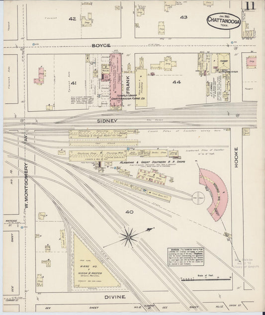 Sanborn Fire Insurance Map from Chattanooga, Hamilton County, Tennessee (1885), Sheet #0011 - Historic Sanborn Fire Insurance Map Print, vintage old map wall art, antique decor, genealogy gift, Tennessee Tennessee map