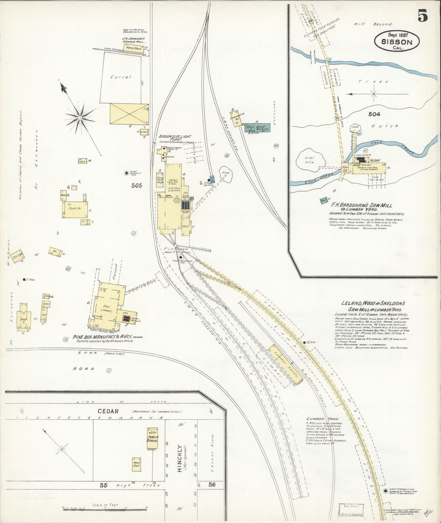 Sanborn Fire Insurance Map from Sisson, Siskiyou County, California (1897), Sheet #0005 - Complete Map Set gallery image, historic Sanborn map, vintage wall art, California California