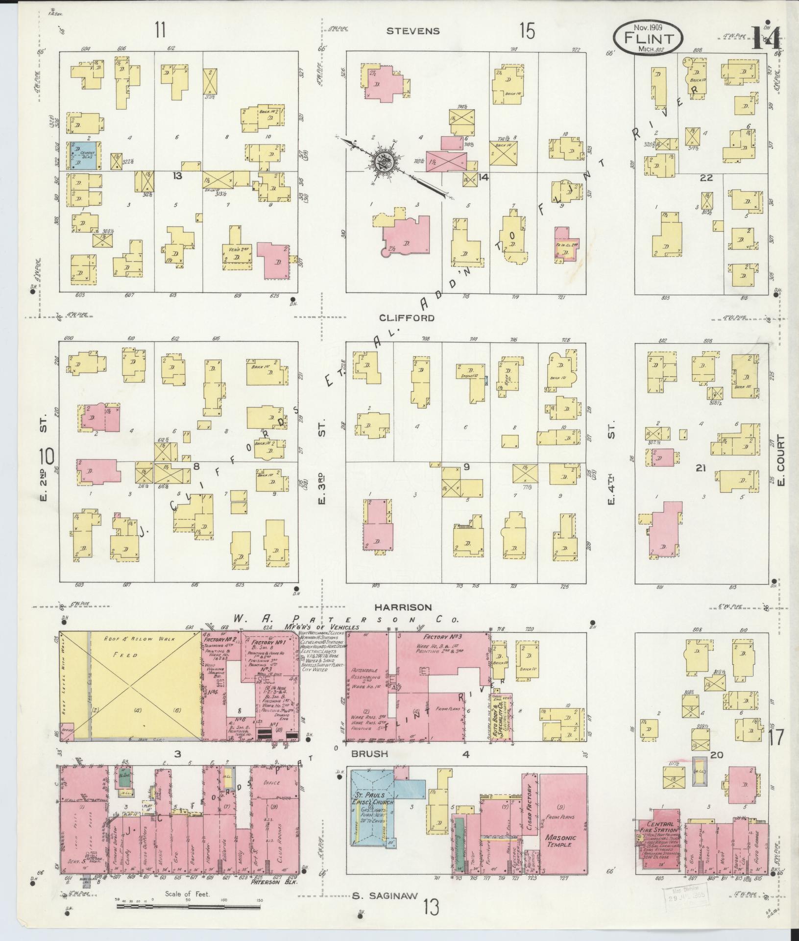 Sanborn Fire Insurance Map from Flint, Genesee County, Michigan (1909), Sheet #0014 - Historic Sanborn Fire Insurance Map Print, vintage old map wall art, antique decor, genealogy gift, Michigan Michigan map