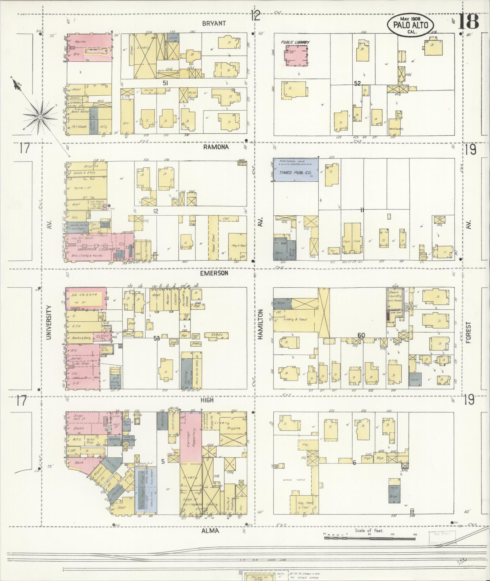 Sanborn Fire Insurance Map from Palo Alto, Santa Clara County, California (1908), Sheet #0018 - Complete Map Set gallery image, historic Sanborn map, vintage wall art, California California
