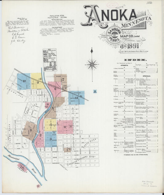 Sanborn Fire Insurance Map from Anoka, Anoka County, Minnesota (1891), Sheet #0001 - Complete Map Set gallery image, historic Sanborn map, vintage wall art, Minnesota Minnesota