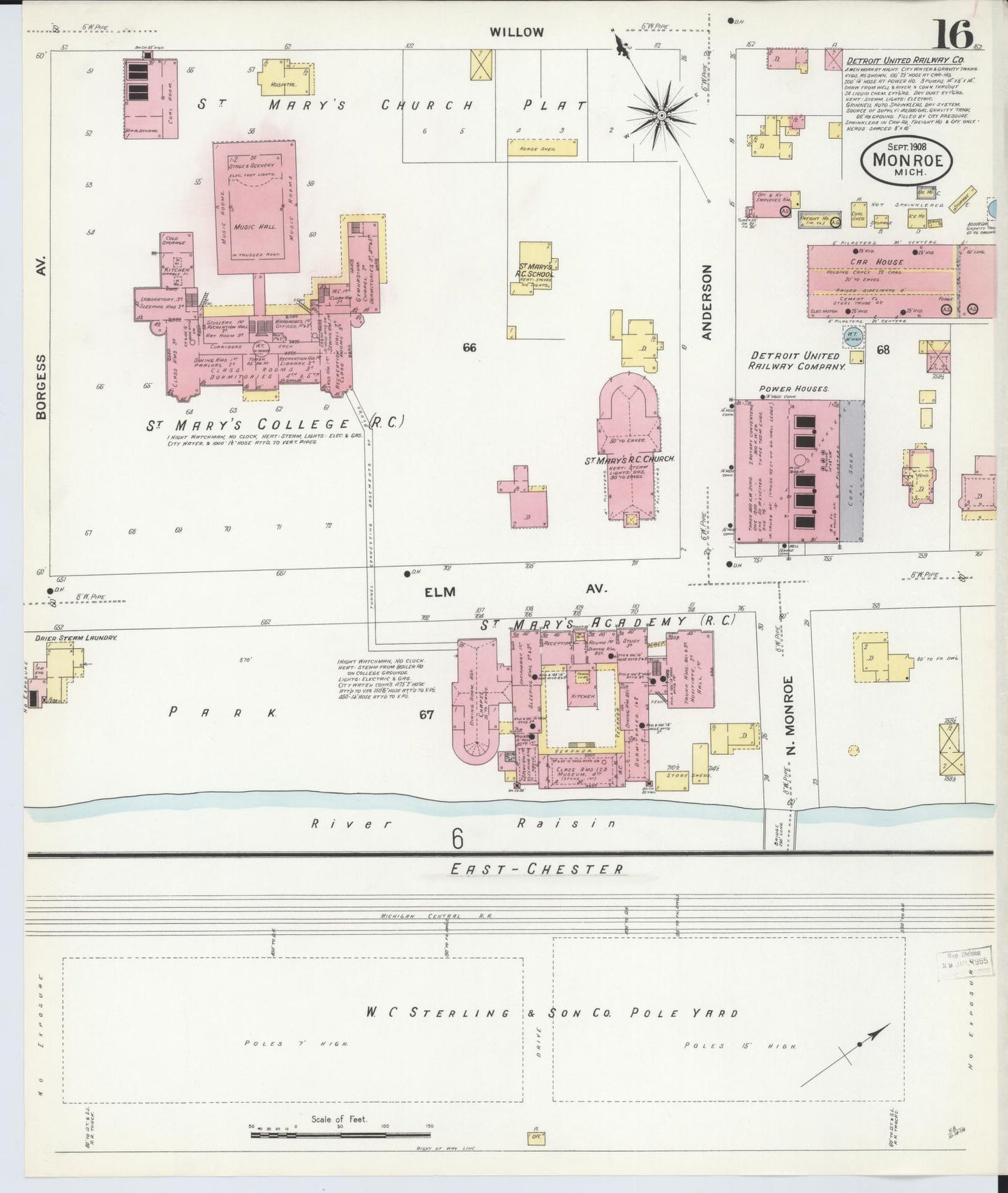 Sanborn Fire Insurance Map from Monroe, Monroe County, Michigan (1908), Sheet #0016 - Historic Sanborn Fire Insurance Map Print, vintage old map wall art, antique decor, genealogy gift, Michigan Michigan map