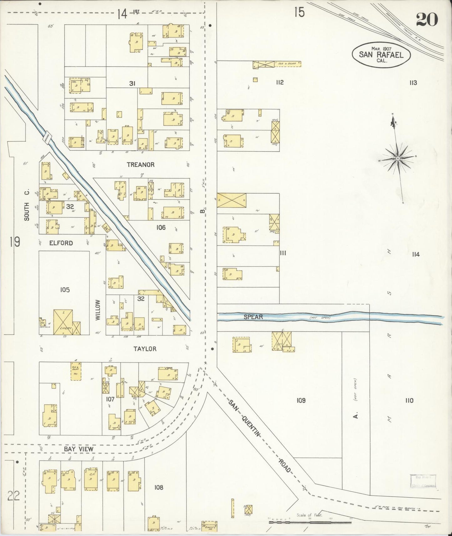 Sanborn Fire Insurance Map from San Rafael, Marin County, California (1907), Sheet #0020 - Complete Map Set gallery image, historic Sanborn map, vintage wall art, California California