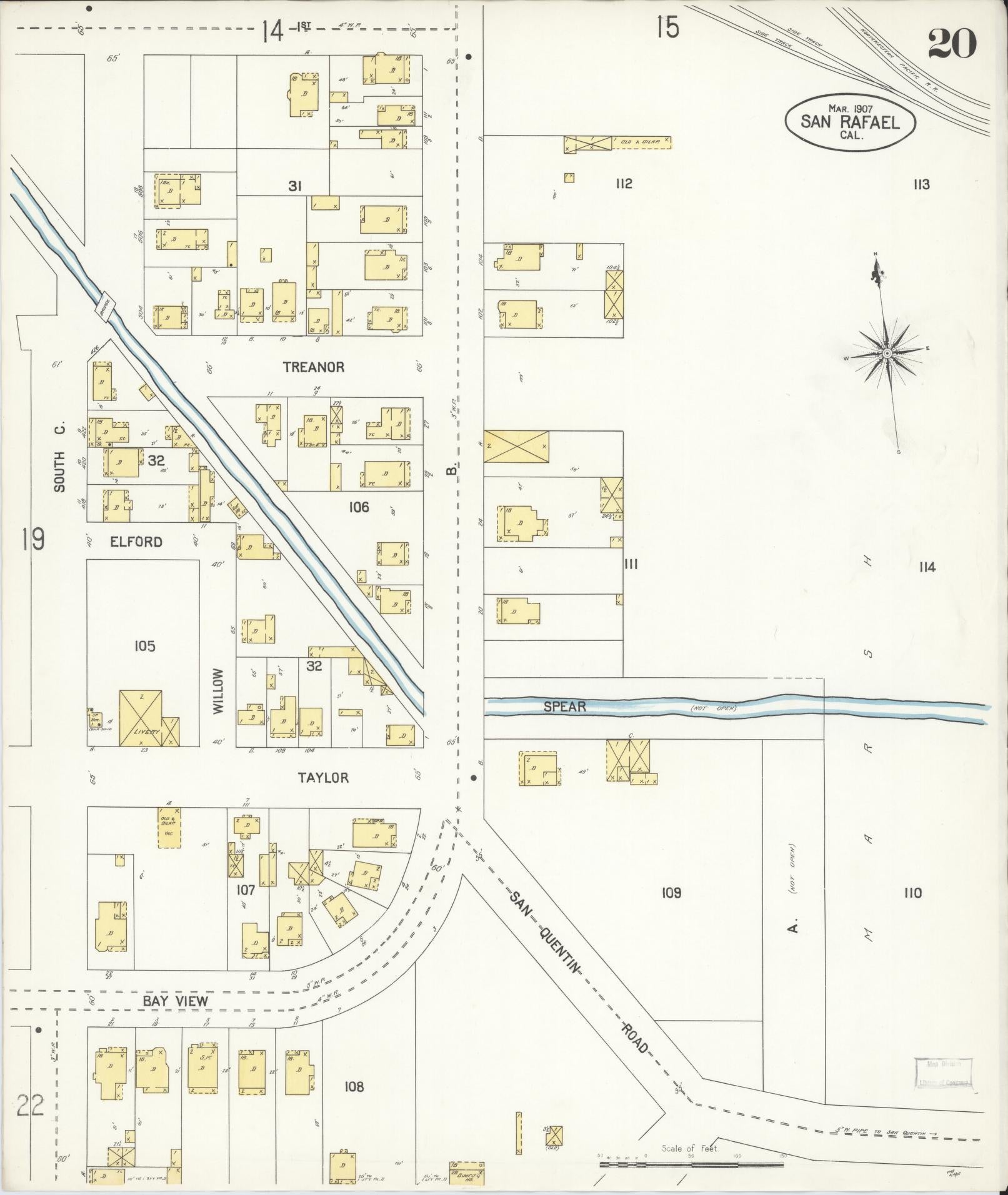 Sanborn Fire Insurance Map from San Rafael, Marin County, California (1907), Sheet #0020 - Complete Map Set gallery image, historic Sanborn map, vintage wall art, California California