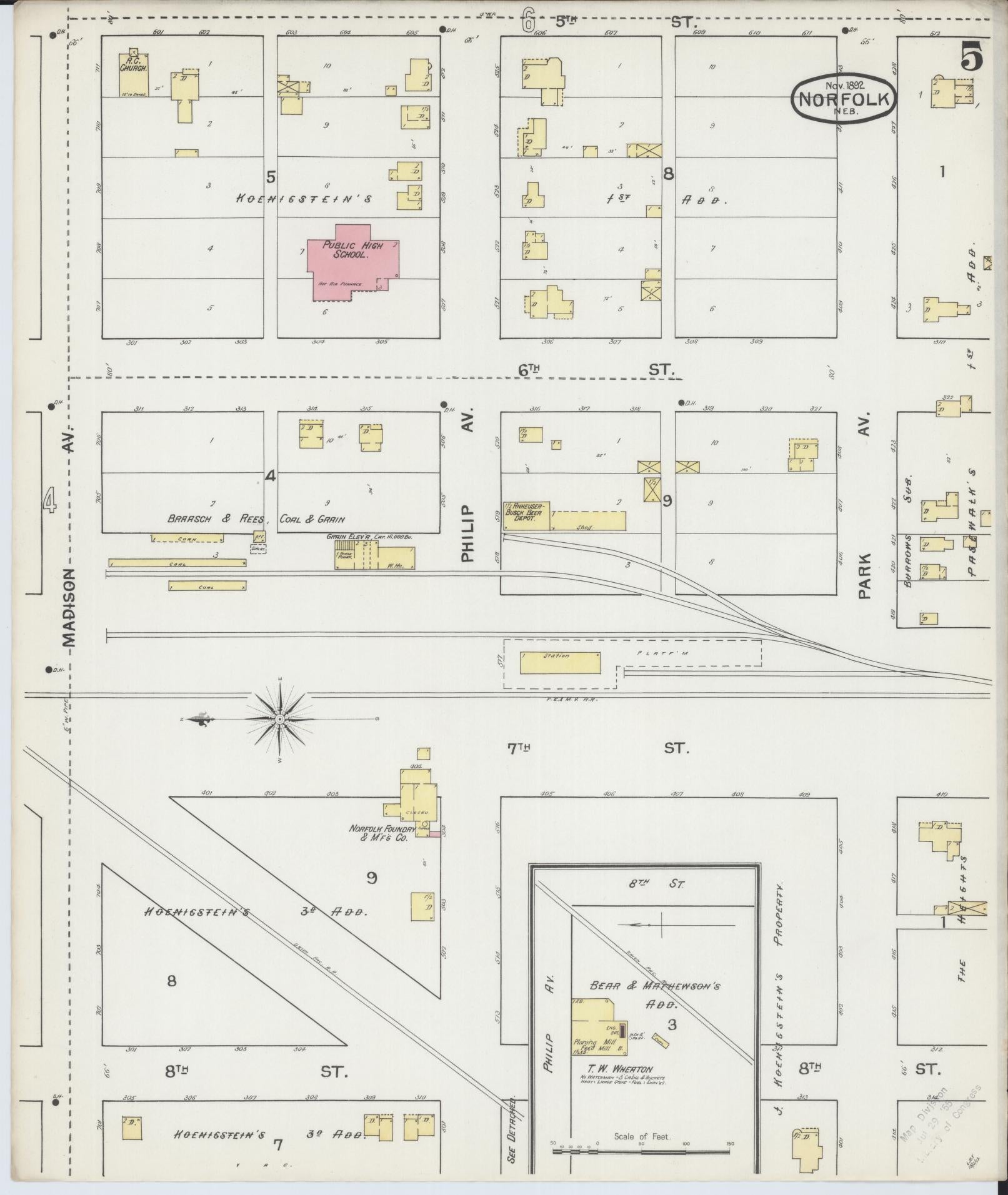 Sanborn Fire Insurance Map from Norfolk, Madison County, Nebraska (1892), Sheet #0005 - Historic Sanborn Fire Insurance Map Print, vintage old map wall art, antique decor, genealogy gift, Nebraska Nebraska map